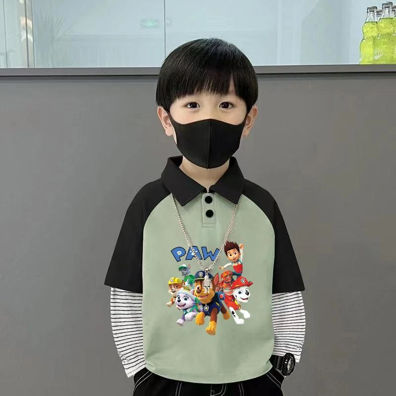 100%纯棉拼接长袖T恤男童polo衫春秋季新款小孩儿童卡通帅气上衣T