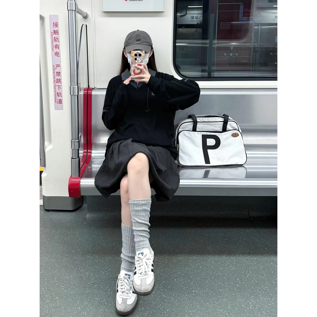 学院风复古polo领撞色长袖t恤女秋季新款宽松休闲百搭情侣上衣ins