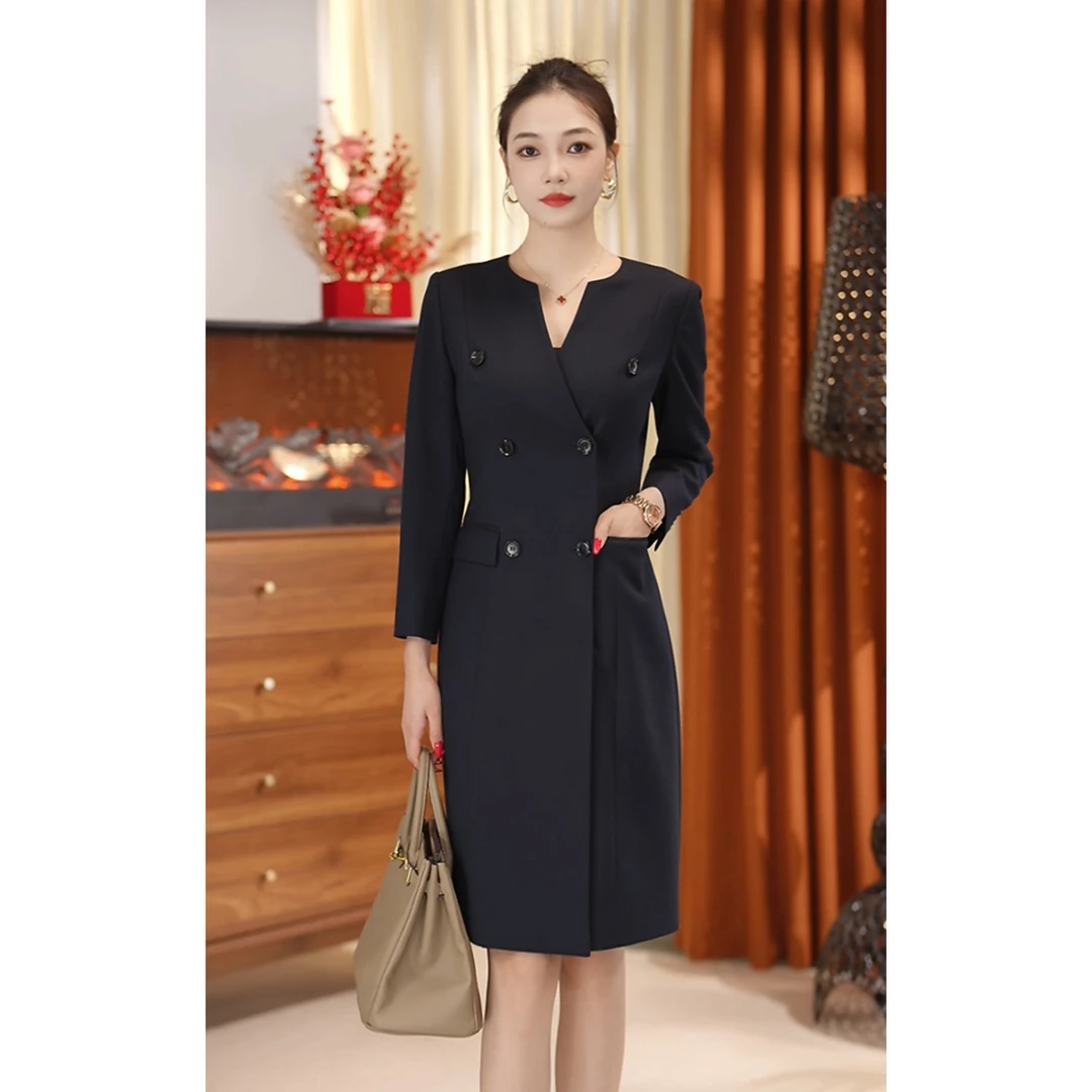 职场风双排扣V领春秋连衣裙黑色时尚收腰职业礼服名媛长袖轻奢