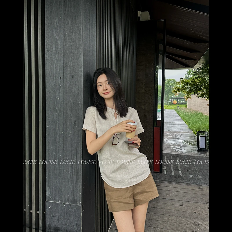 LUCIE LOUISE 人手all in·纯亚麻简约休闲宽松气质高腰短裤QK0819