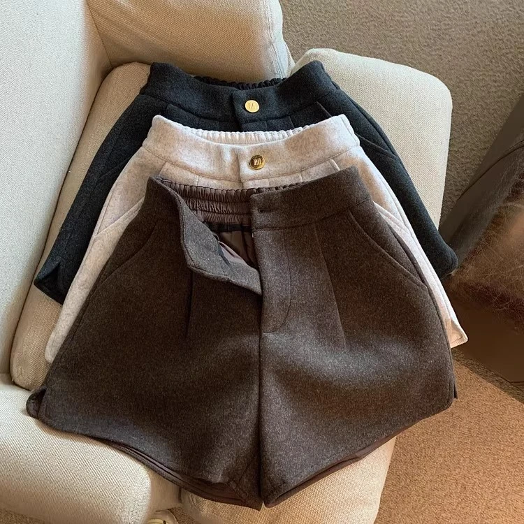 秋冬季气质毛呢短裤女裤高腰宽松显瘦字靴裤小个子外穿呢子阔腿裤