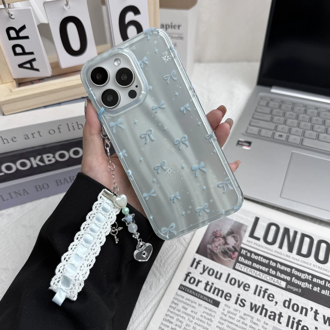 全包双层蓝色蝴蝶结适用苹果16promax手机壳iPhone14女13ins小众