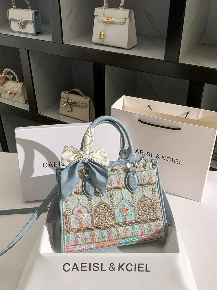 CAEISL&KCIEL女包小众高级感刺绣托特包女2025新款通勤手提斜挎包