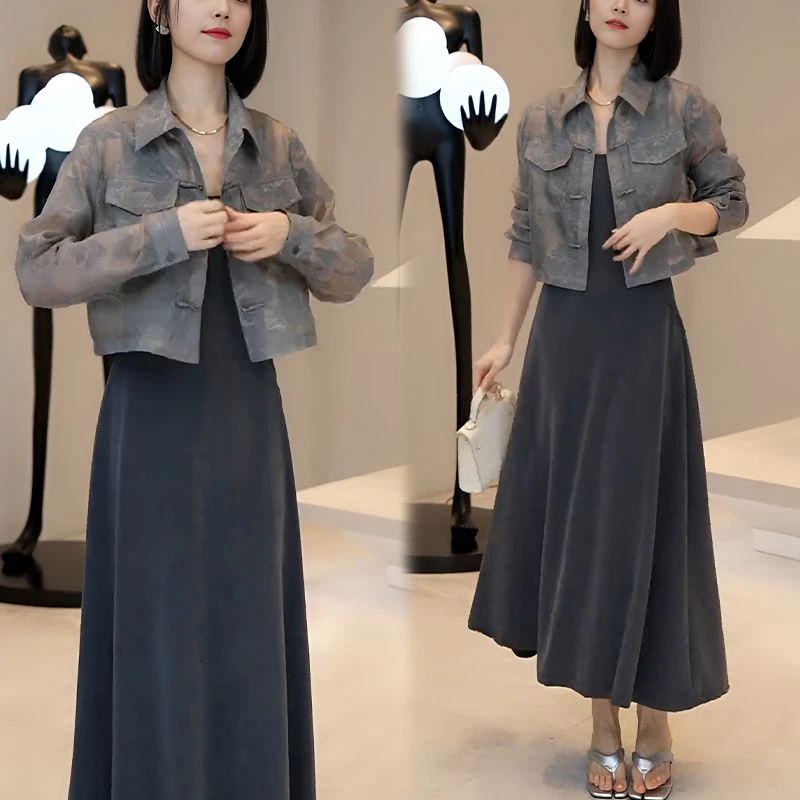 新中式国风套装女2025年夏季新款小个子盘扣防晒衬衫吊带裙两件套