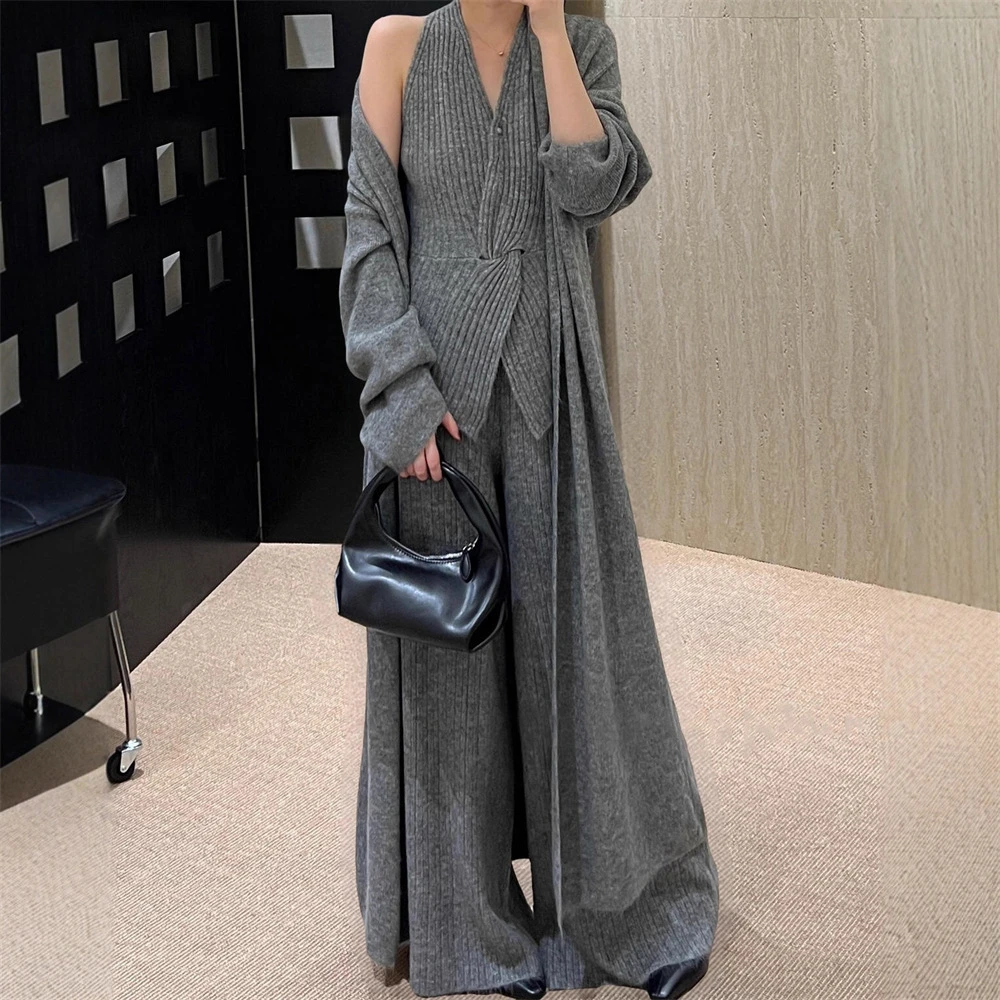 S老钱风坑条中长款开衫马甲套装女秋冬新款高腰显瘦长裤三套装