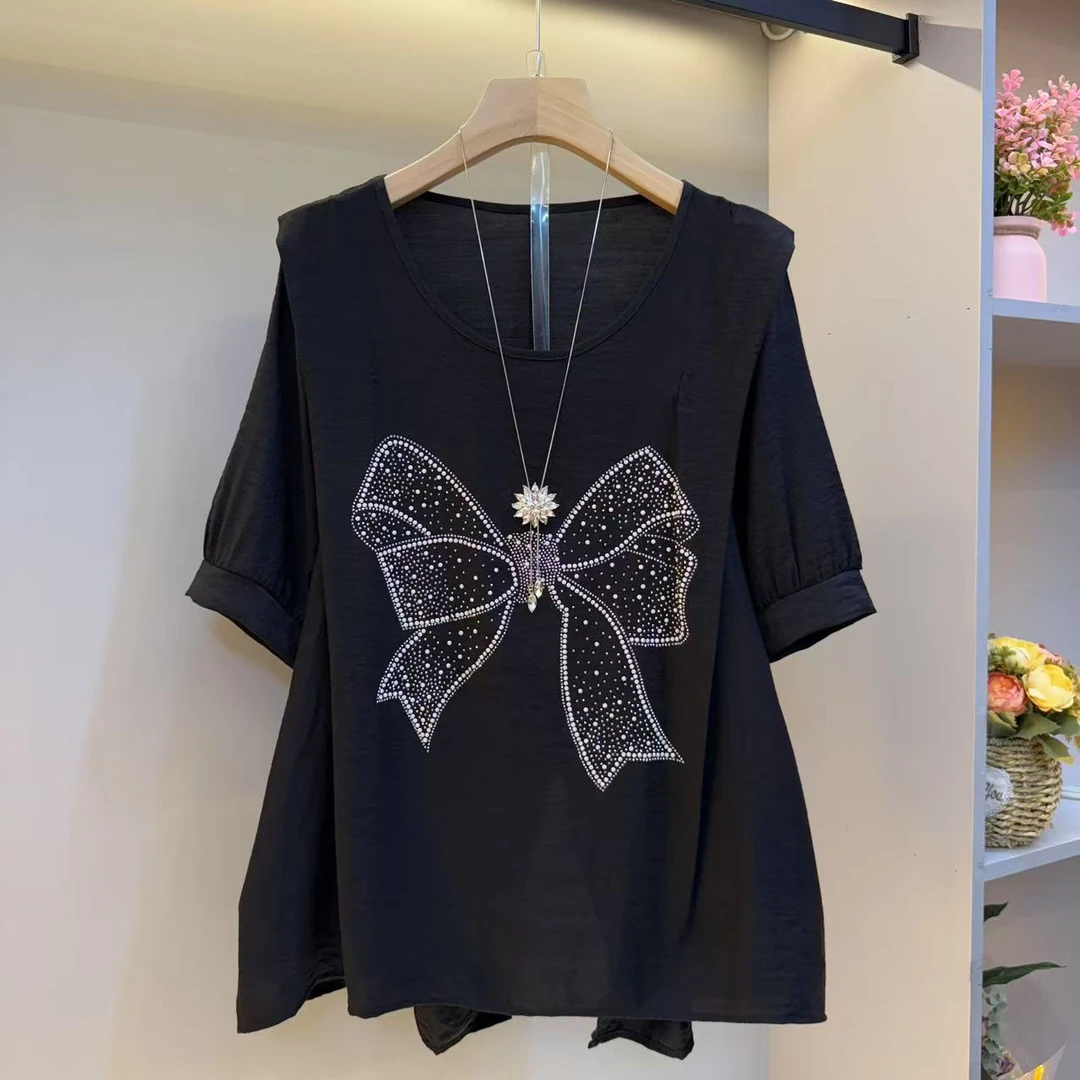 时尚大码女装设计感烫钻蝴蝶结宽松洋气夏季新款短袖大衫