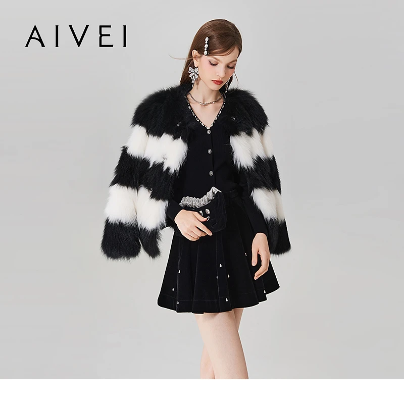 人造皮草 【小香风】AIVEI秋冬季甜酷公主黑白条纹女式外套Q0660008