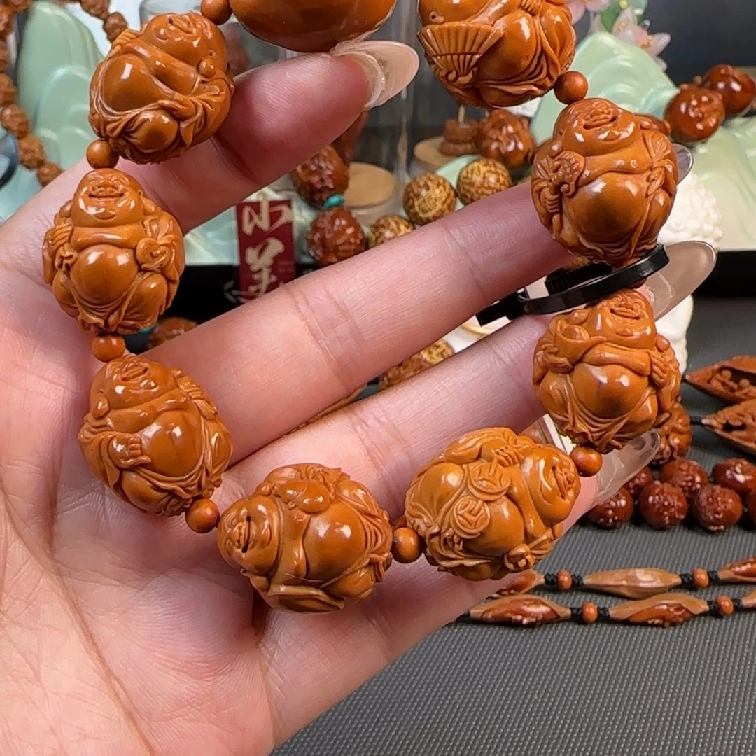橄榄核手串/手链宽1.9-2.0梅林红核八宝弥勒佛