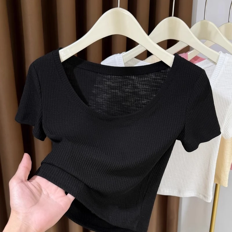 薄款竹节棉T恤女夏季2025新款冰丝针织短袖内搭大领短款坑条上衣
