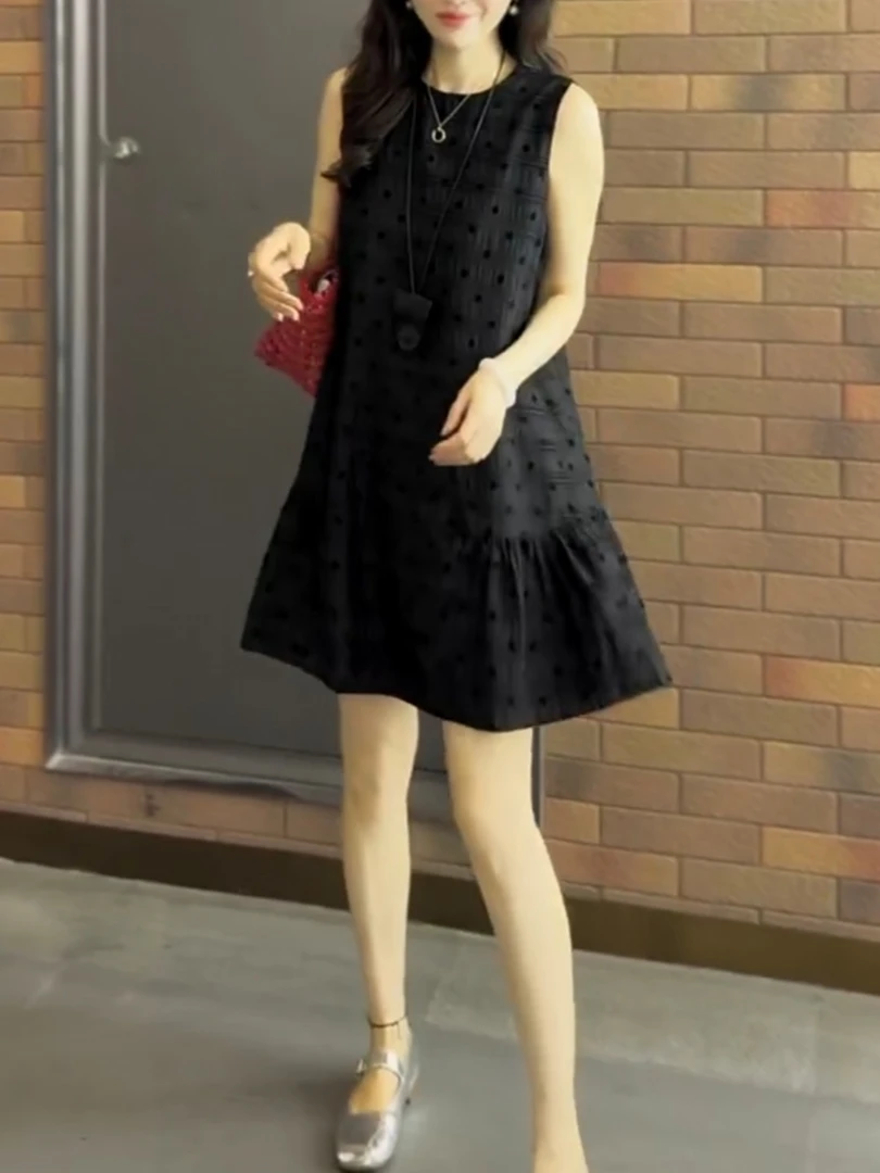 夏季新款轻奢气质波点连衣裙洋气减龄时尚裙摆黑色显瘦连体裙