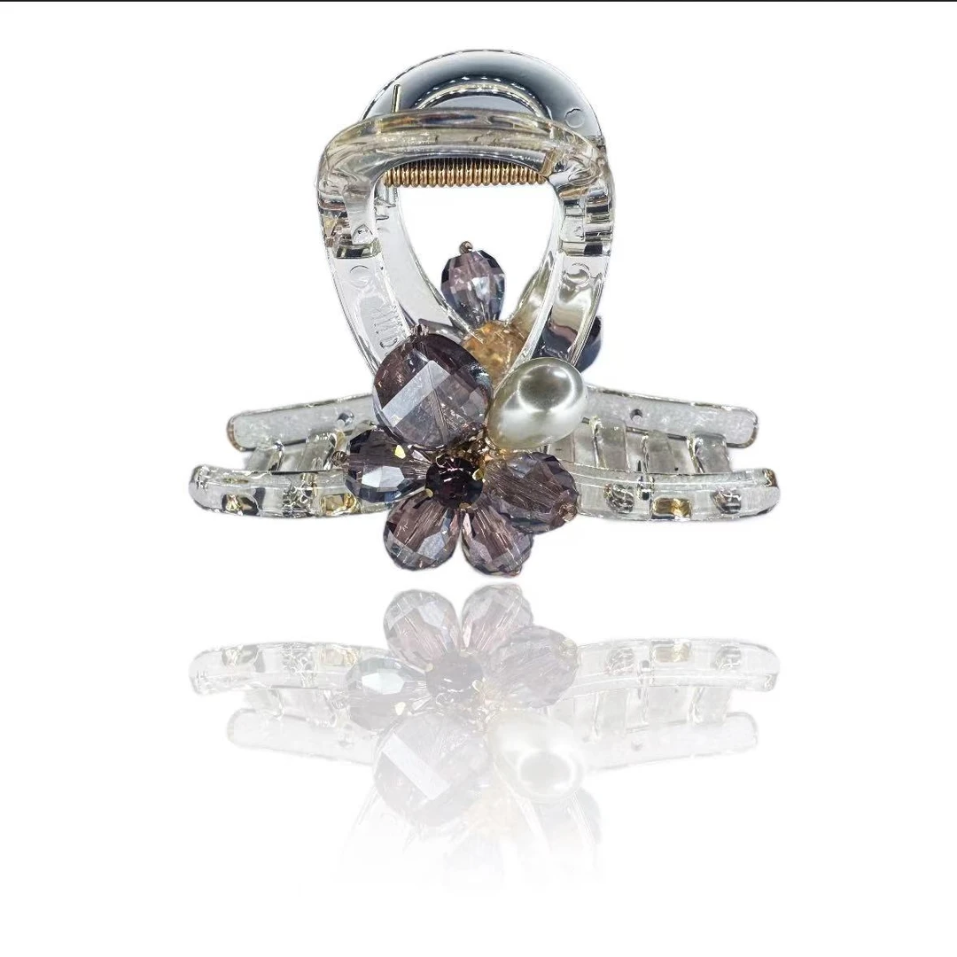 晶花珠韵花朵抓夹女新款高端鲨鱼夹后脑勺发量少发夹2592