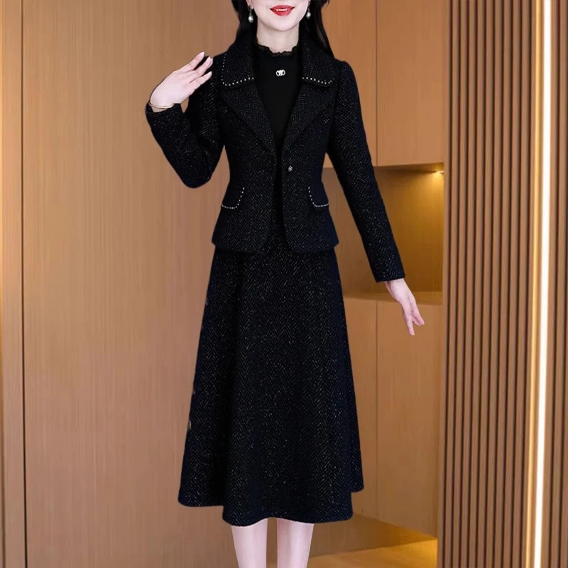 2025名媛秋装韩版秋季纯色秋冬时尚修身连衣裙裙子千金风长袖套裙