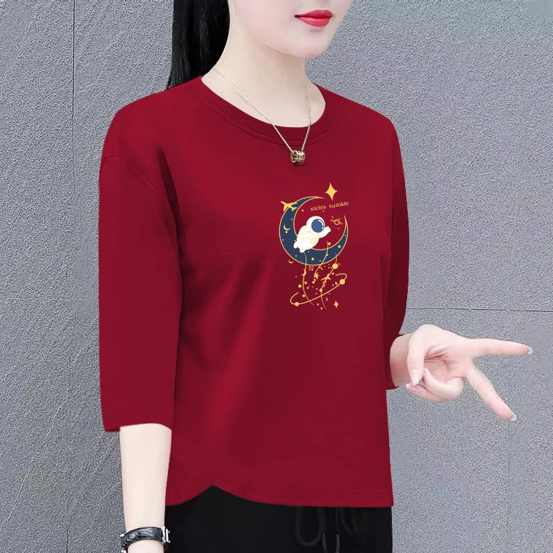 100%纯棉T恤女七分袖春夏季新款百搭宽松显瘦休闲别致设计感上衣