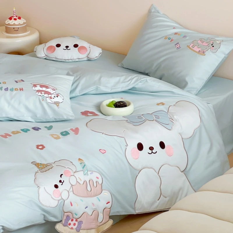 卡通可爱100支纯棉长绒棉四件套公主风女孩床单全棉被套床上用品