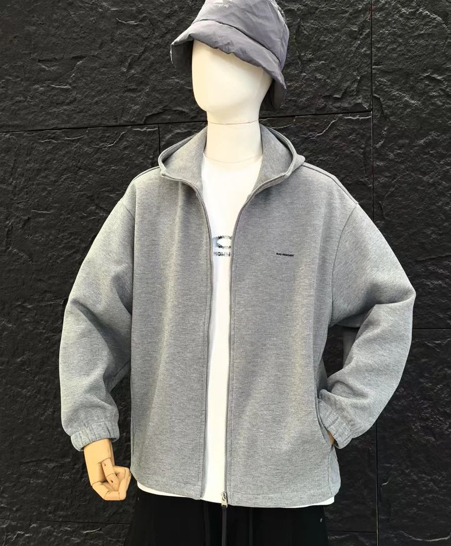 春季港风上衣宽松休闲美版夹克连帽男男士常规款纯色收口袖