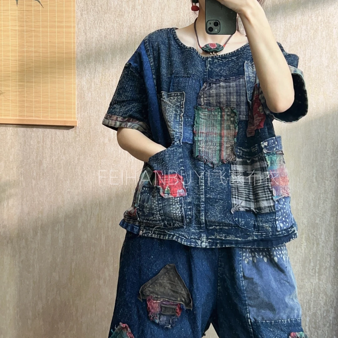 新款贴布拼接老布圆领套头上衣短袖宽松休闲百搭灯笼裤