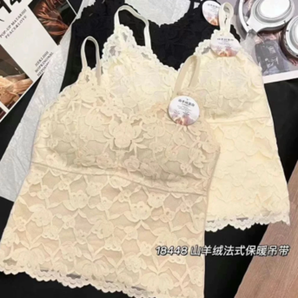 蕾丝磨毛带胸垫吊带美背文胸一体内衣女打底秋冬皮草外套内搭上衣