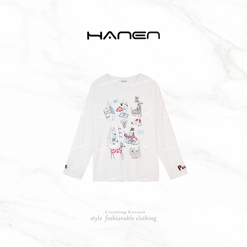 韩恩【QIANA】趣味狗狗 白色宽松刺绣长袖Qian123