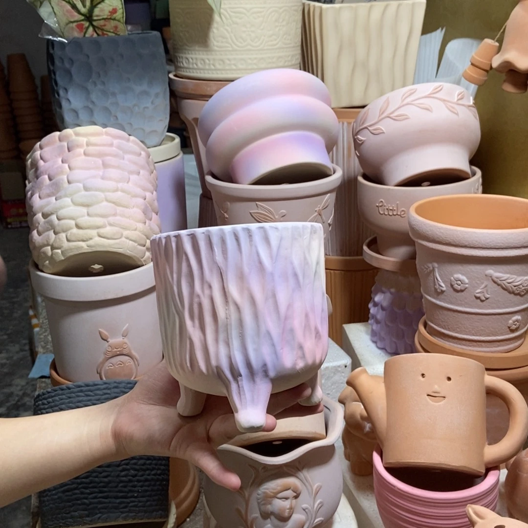 13×14彩色三脚树纹盆 粗陶1个