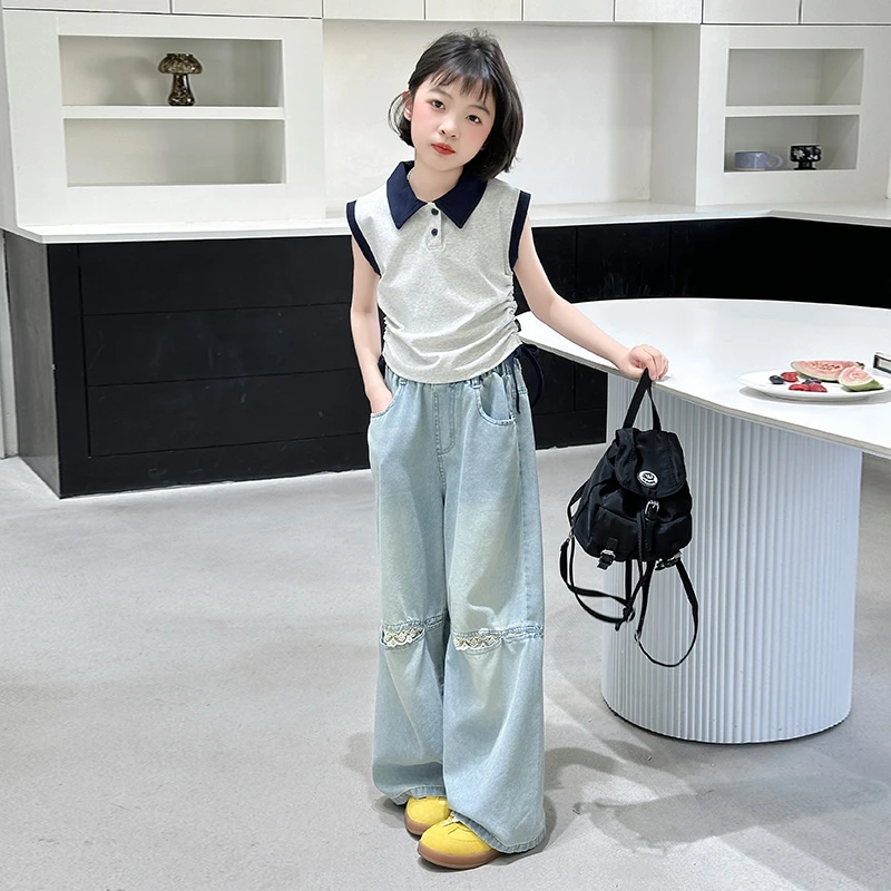 女童夏装套装2025新款儿童洋气夏季POLO衫背心牛仔阔腿裤两件套潮
