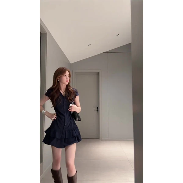 韩系复古气质收腰显瘦短袖衬衫连衣裙女夏季2025新款小个子短裙子
