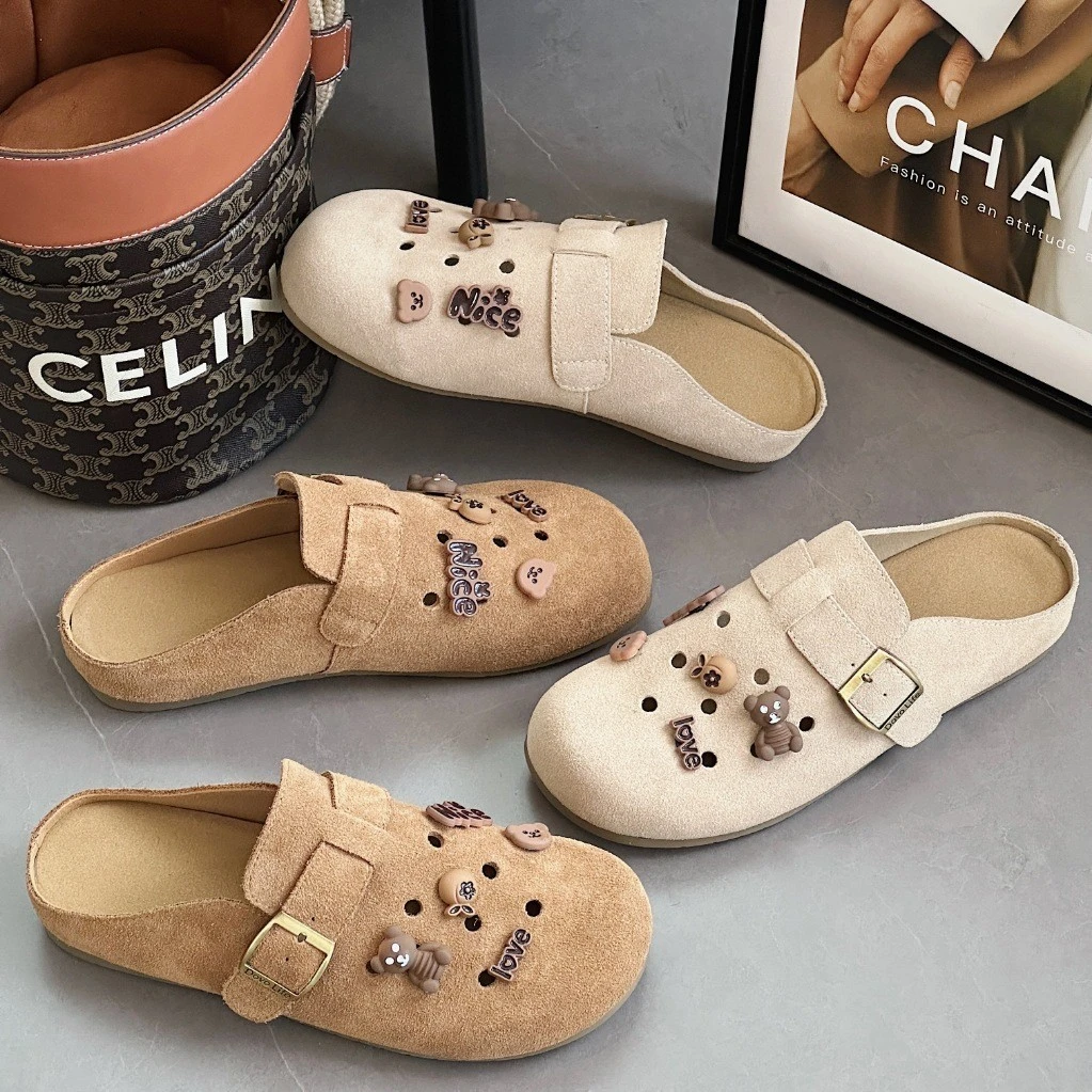 2025春夏小众设计感可爱小熊外穿真皮包头勃肯洞洞鞋女款懒人拖鞋