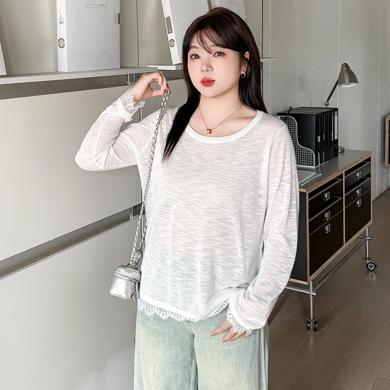 大码圆领薄款上衣女拼接蕾丝针织衫2025夏款胖mm宽松打底衫22919