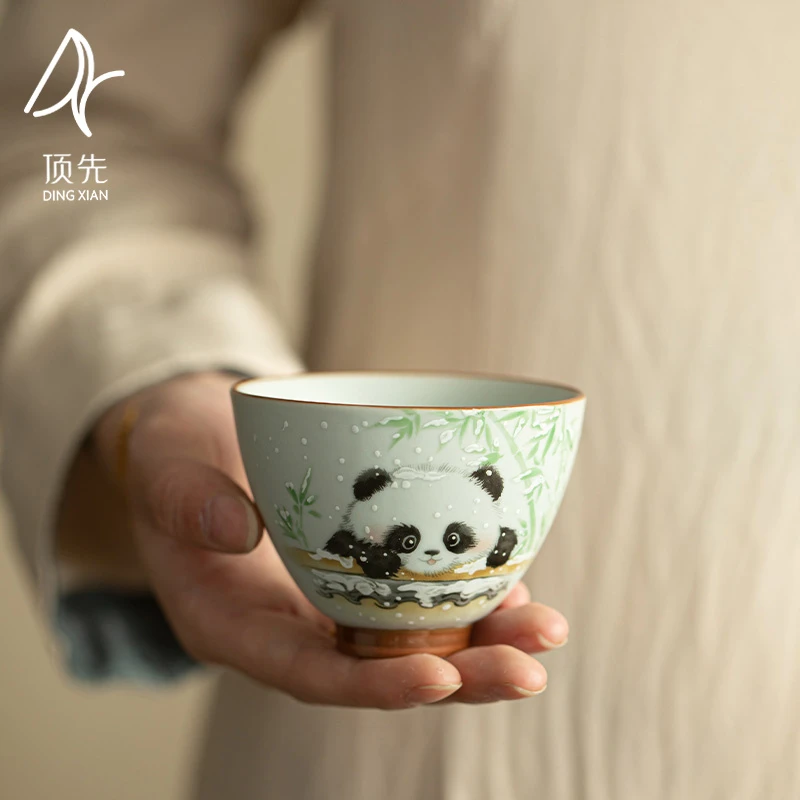 阿七的器 汝窑鸡心杯冬竹熊猫家用可爱品茗杯中式功夫茶杯A12178