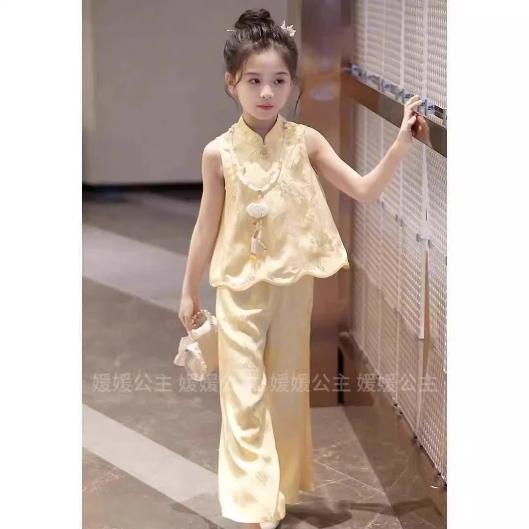 女童套装夏季新款儿童中国风两件套中大童小女孩洋气背心裤子