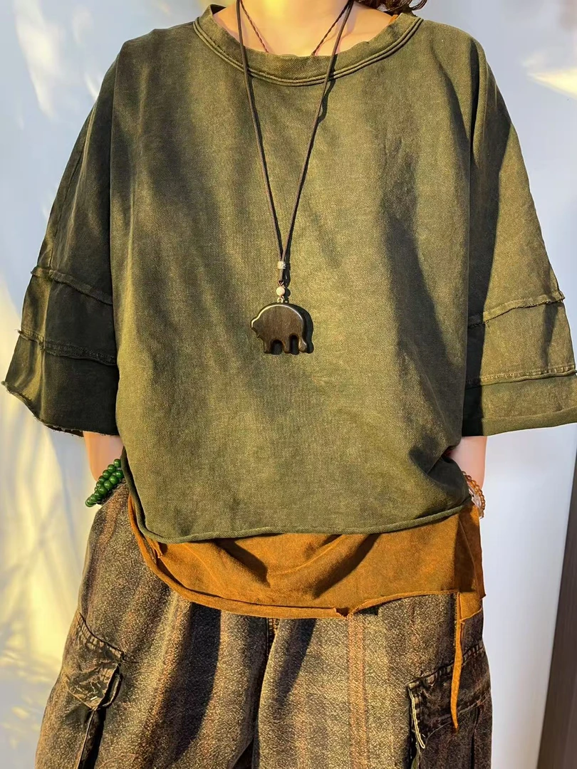 复古夏季休闲宽松新品炒色怀旧圆领女士上衣T恤