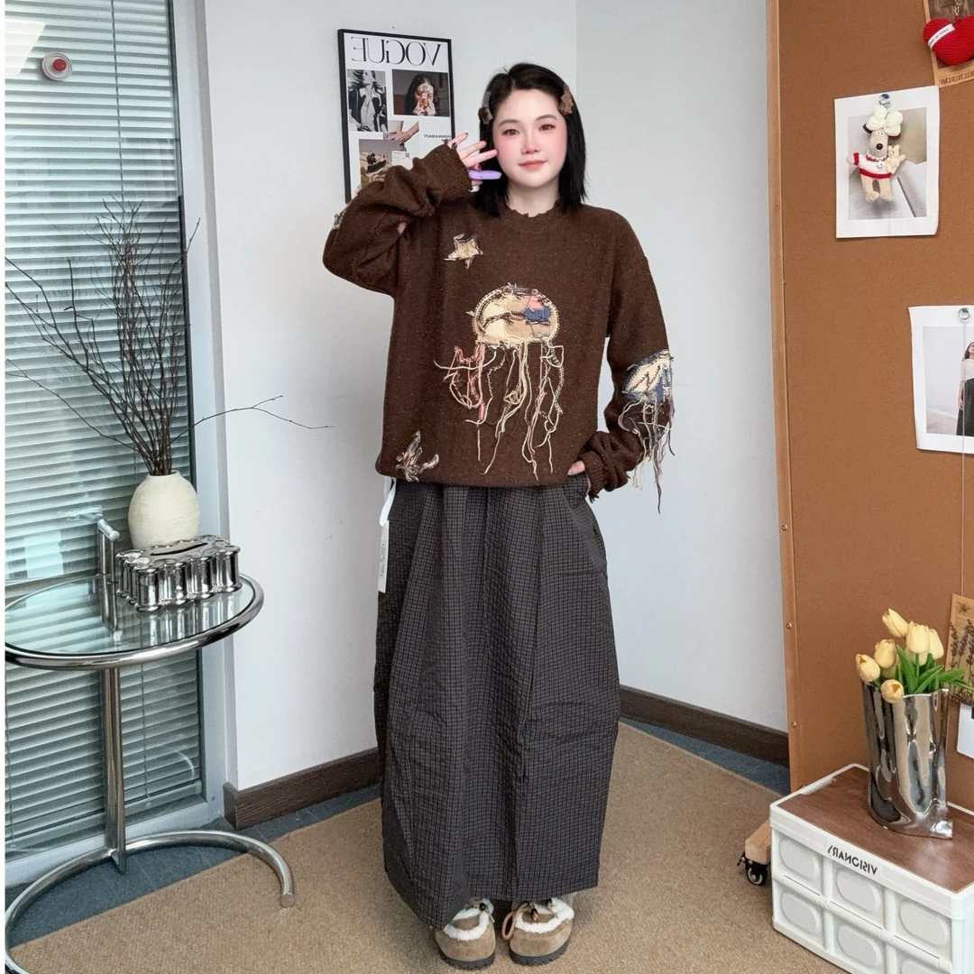 OooF！Time 官方授权 水母提花圆领毛衣女新款设计感减龄针织上衣