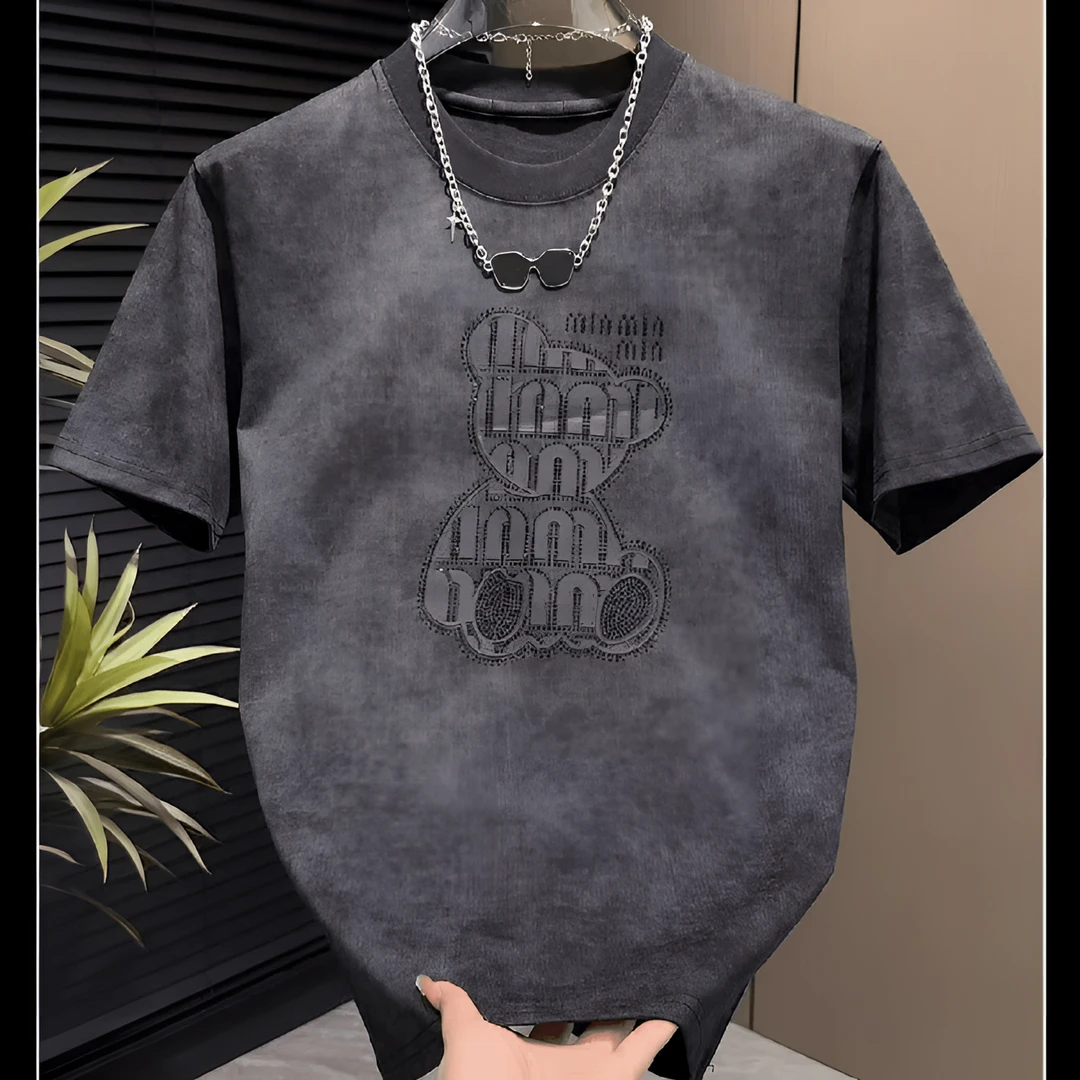 高档轻奢高温烫钻男士短袖T恤扎染小熊圆领宽松半袖上衣打底衫潮T