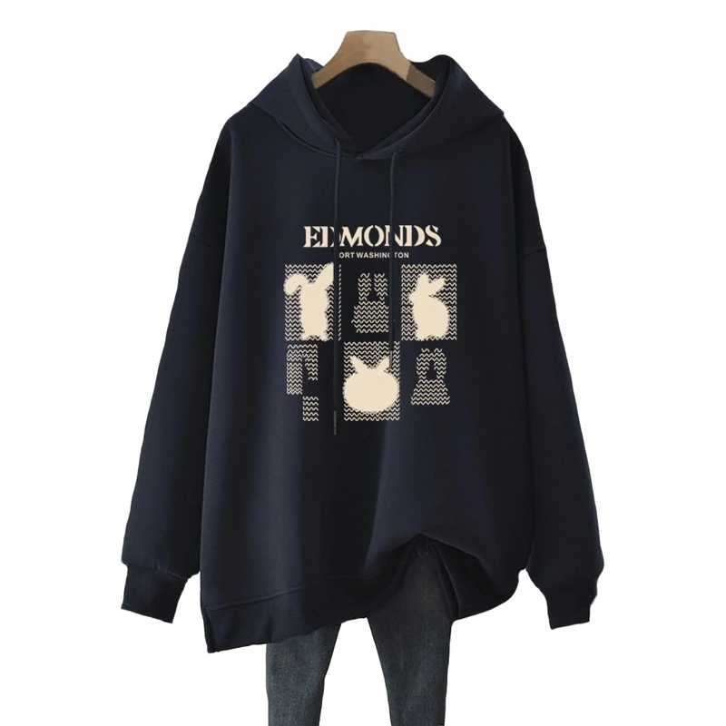 连帽套头卫衣女宽松休闲中长款时尚百搭大码过臀上衣加绒加厚冬季