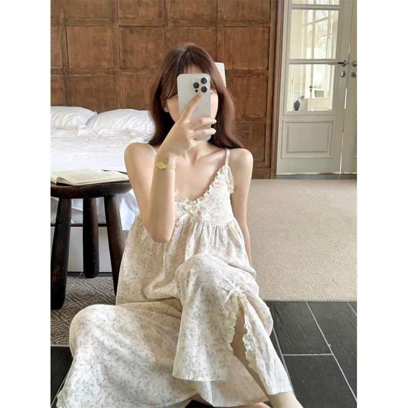2025甜美蝴蝶结花边泡泡棉碎花吊带带胸垫家居服睡衣套装薄款夏季