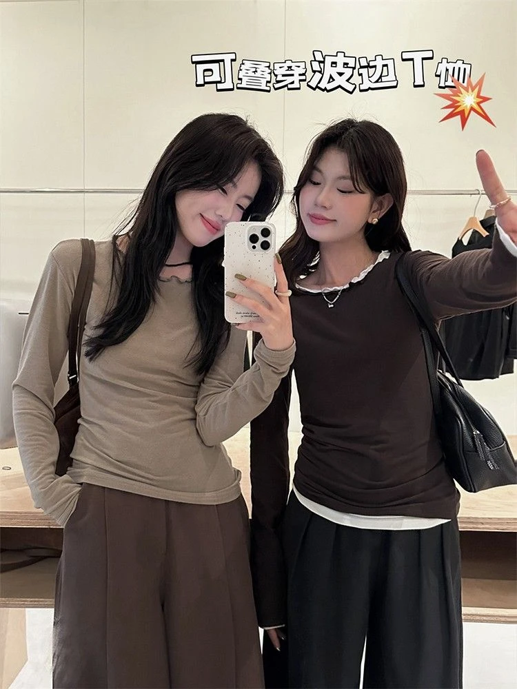 2025早秋季新款叠穿长袖T恤女薄款修身木耳边打底衫内搭白色上衣