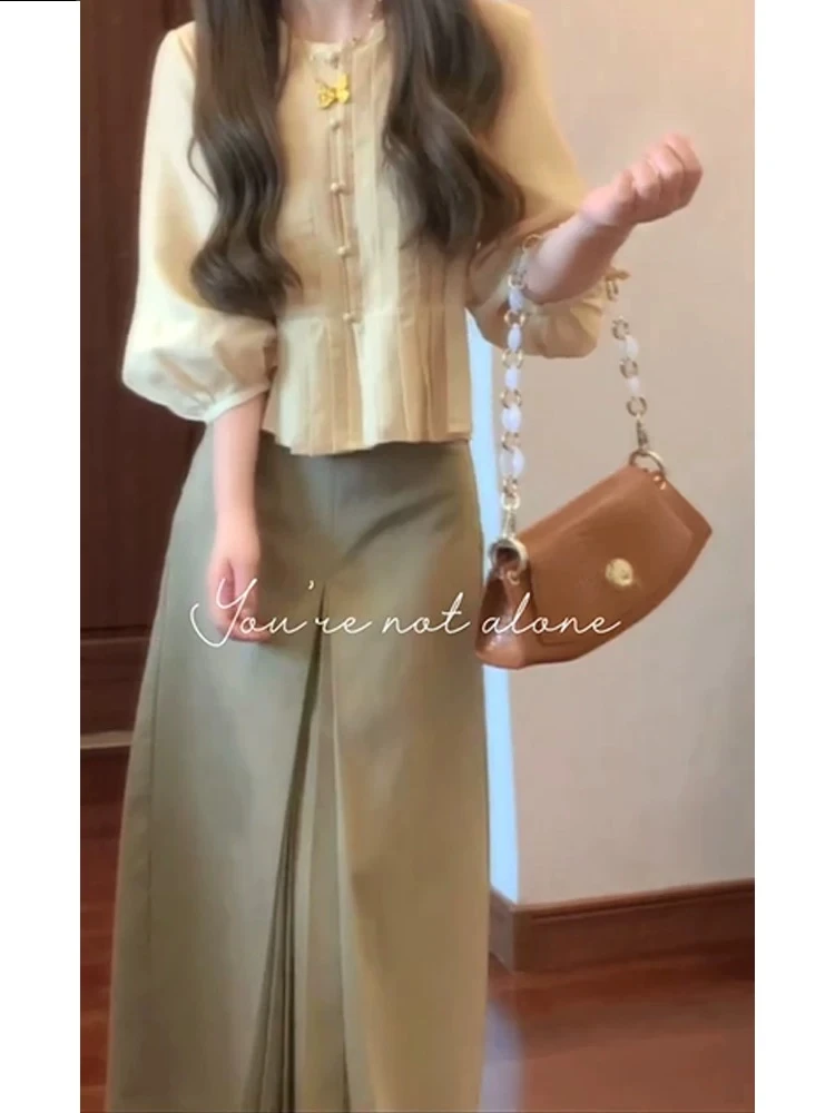 早春搭配一整套小个子休闲长袖百褶衬衫上衣气质高腰半身裙两件套