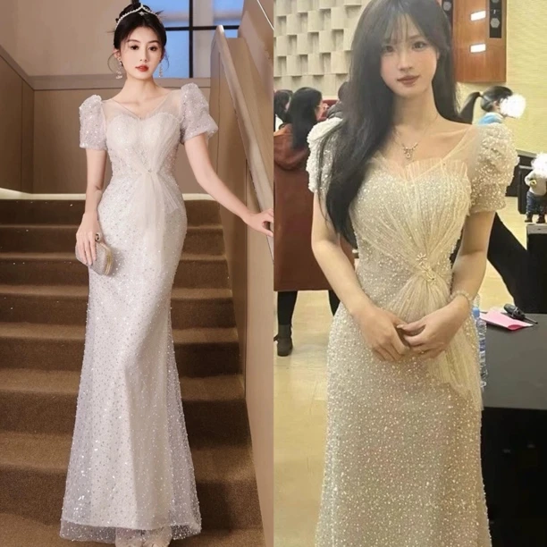 直播链接断码特价白色香槟色鱼尾晚礼服宴会生日成人法式主持艺考