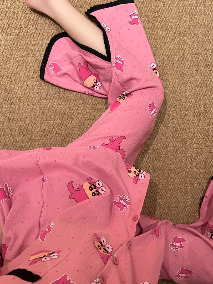 甜美粉色波点蜡笔小新云朵棉短袖睡衣女夏季新款套装可外穿家居服