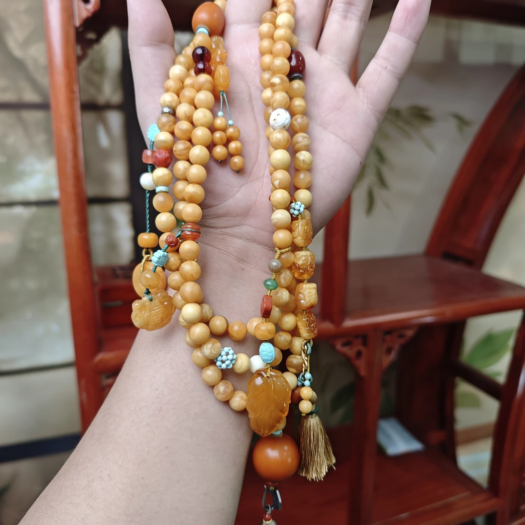 【蜜语.原创侧挂】天然琥珀蜜蜡卡8大+橘皮圆珠石膏侧挂