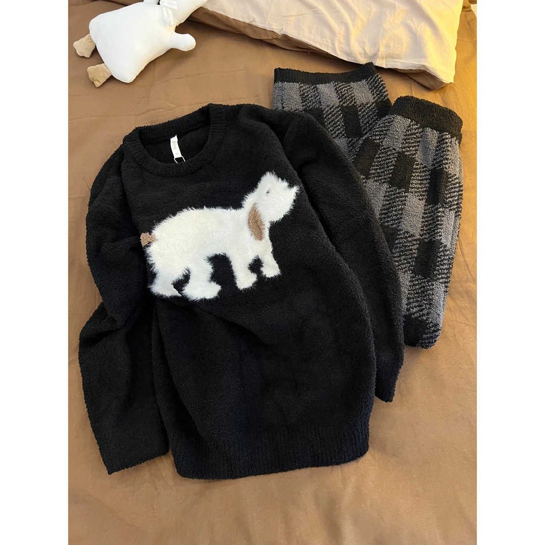 韩系简约针织小狗毛绒印花半边绒毛衣格纹舒适长裤套装外穿睡衣女