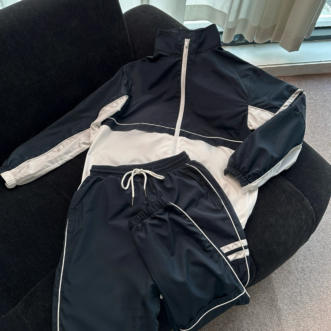 四杠春夏季新款时尚休闲百搭拼色男士立领速干拉链外套束脚长裤