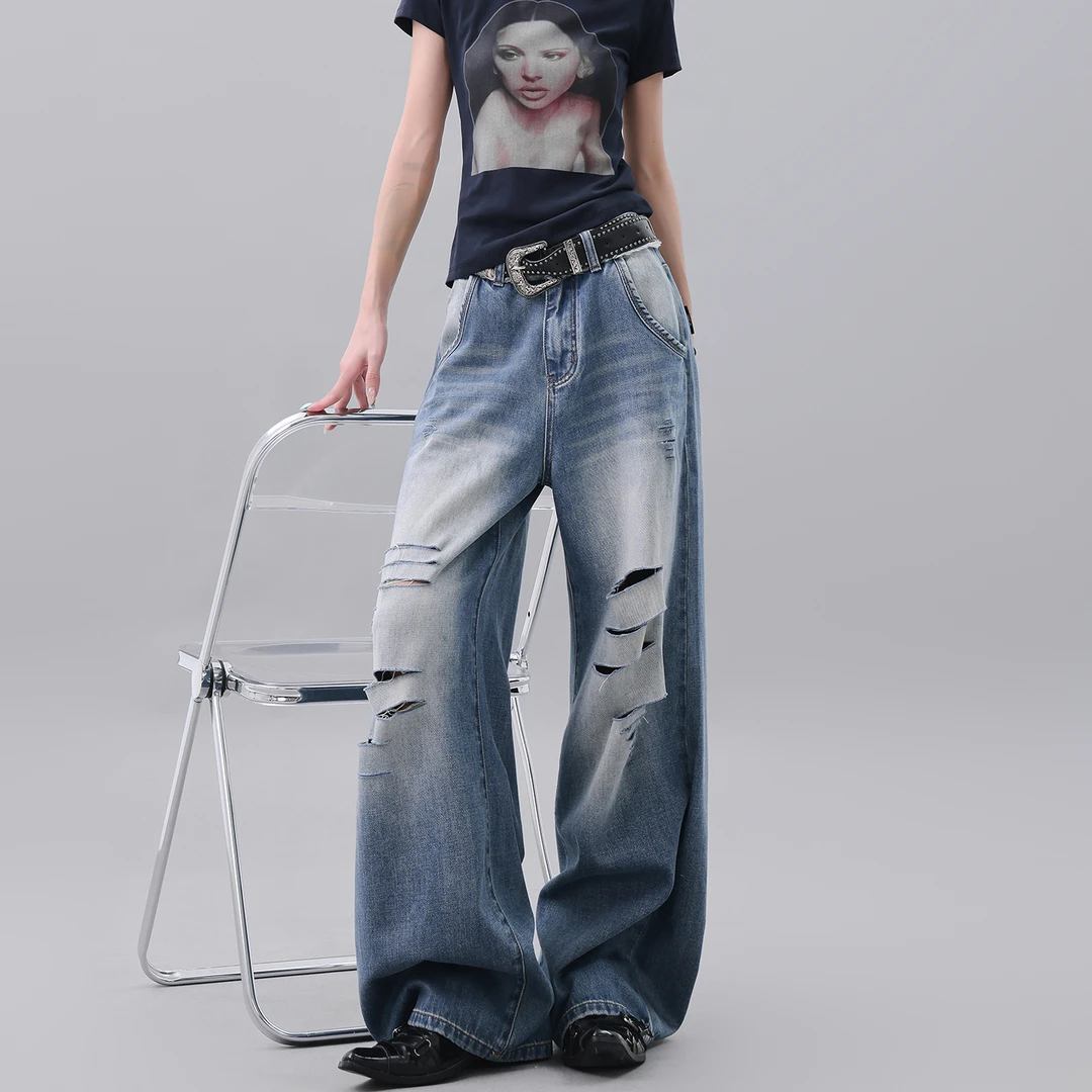 KEN STUDIO复古深蓝色破洞牛仔裤女割破设计感宽松显瘦拖地阔腿裤