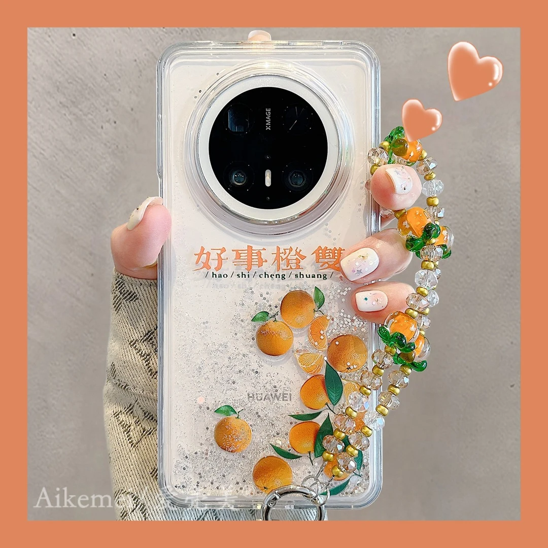 适用华为mate70pro+手机壳透明流沙mate60pro+好事橙双流动橙子女