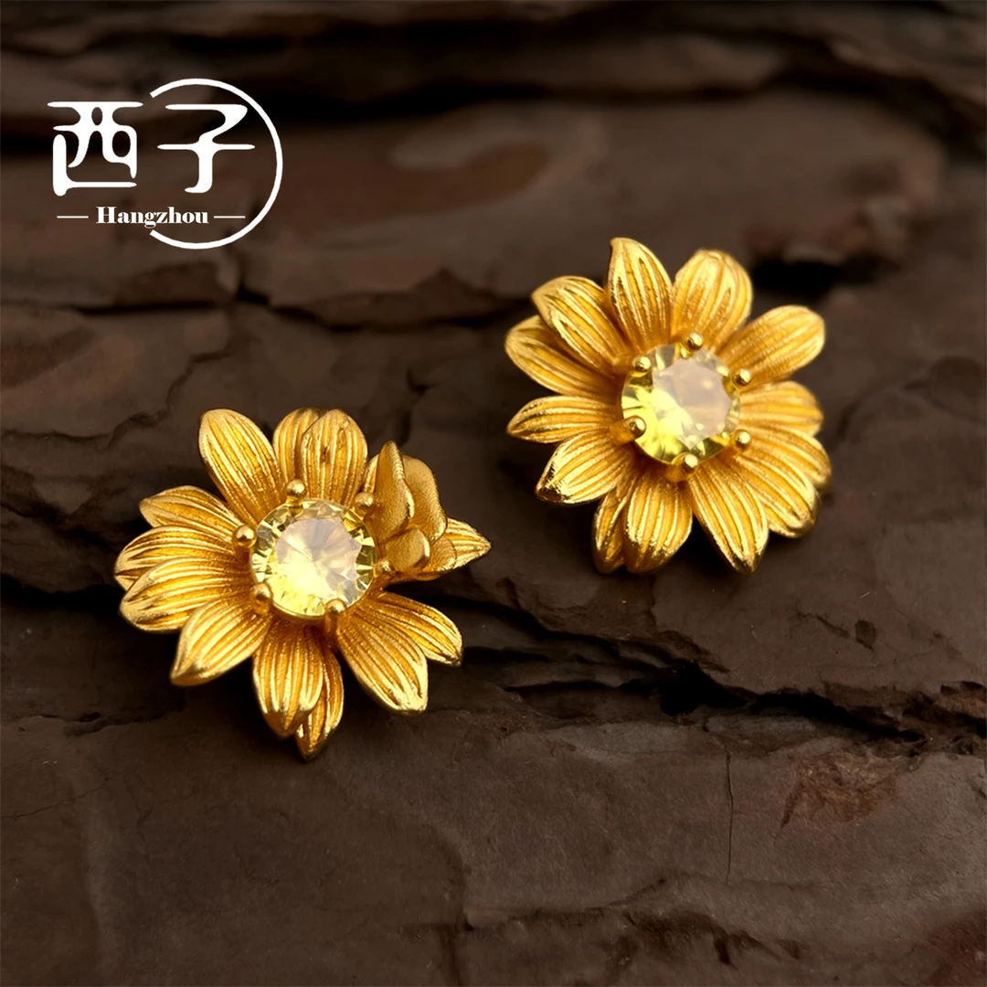 西子饰品镀18K金【黄水向日葵耳钉】S925纯银针30岁上档次饰品女