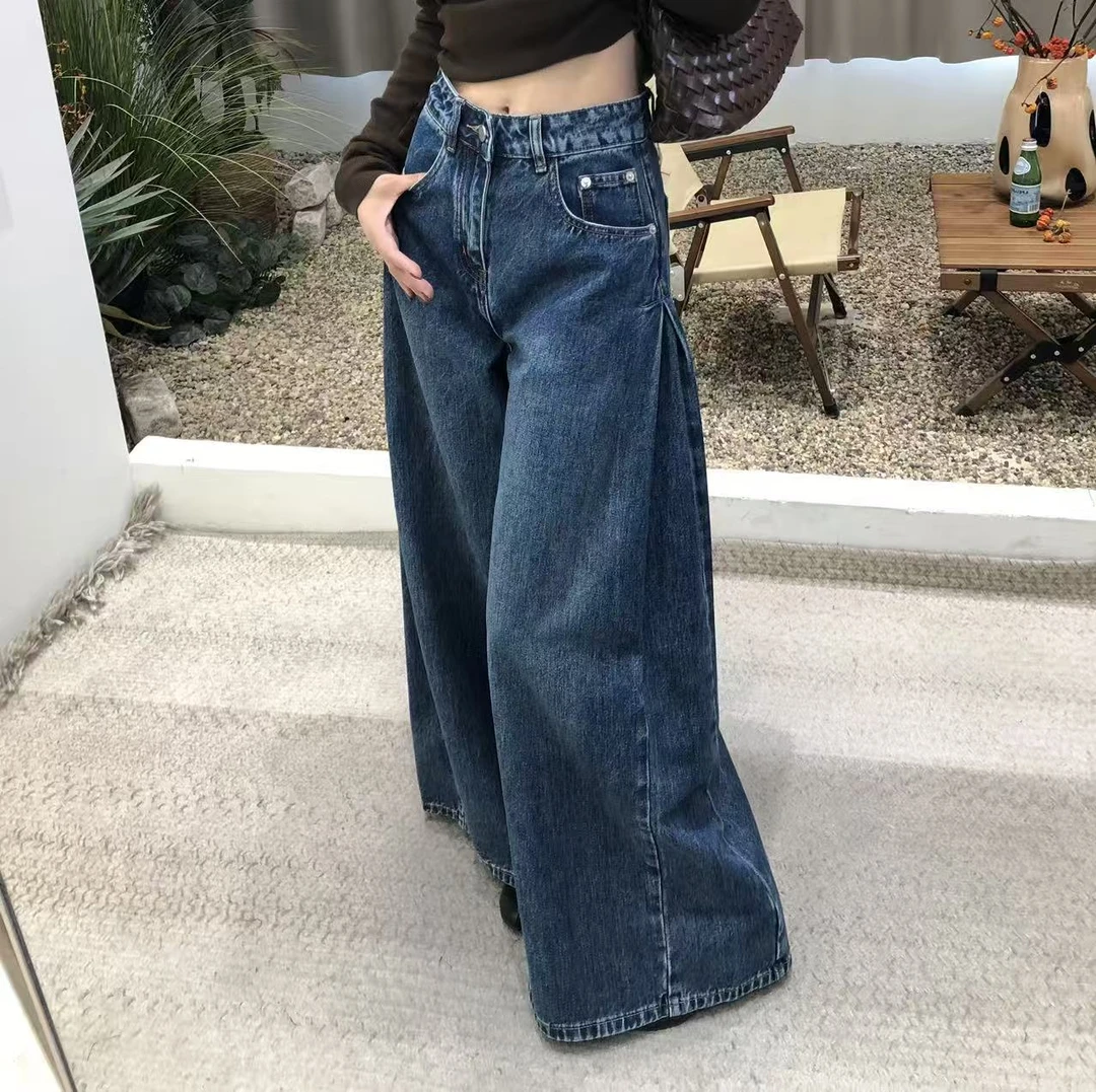 进口土耳其棉～独特设计感复古蓝色高级感褶边阔腿宽松牛仔拖地裤