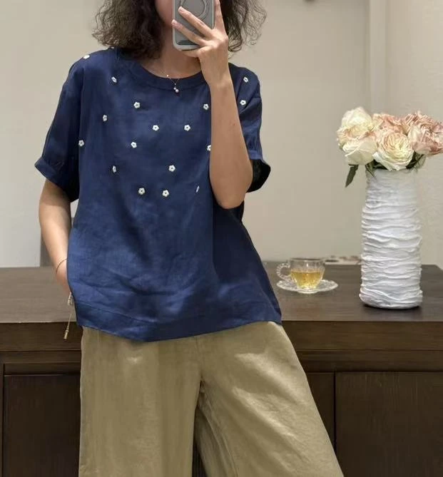 2025夏季新品雨露圆领刺绣款休闲宽松百搭显瘦透气亚麻小衫