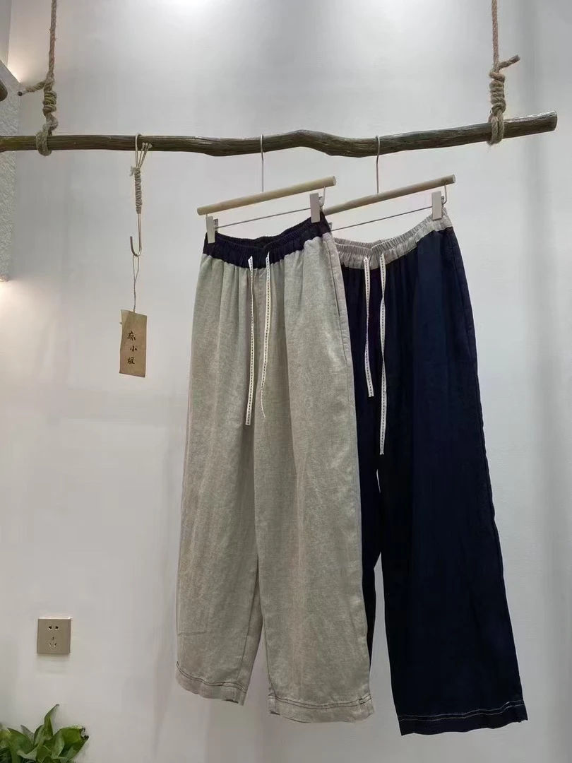 100%的汉麻夏季透气汉麻撞色松紧腰直筒阔腿休闲长裤