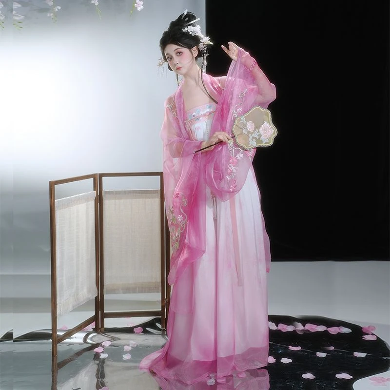 原创汉服女大袖古风齐胸唐制诃子裙粉色仙气飘逸重工日常夏季套装