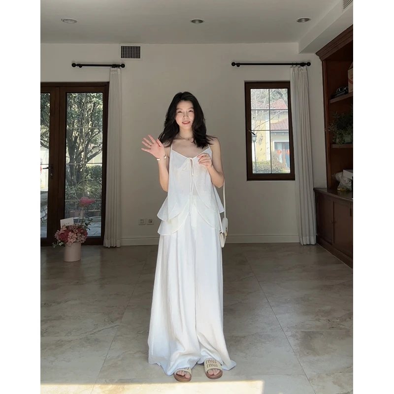 郭九九呢 天丝羊毛设计感度假风吊带上衣高腰阔腿长裤 G925A02567