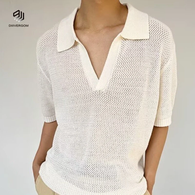 DIIIVERGOM夏季韩衫领镂空短袖针织衫男士轻奢沙滩冰丝凉感系简约